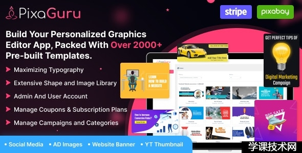 PixaGuru v1.8 - 创建图形、图像、社交媒体帖子、广告、横幅和故事的 SAAS 平台