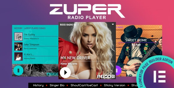 Zuper v2.5 – Shoutcast and Icecast Radio Player With History – Elementor Widget Addon