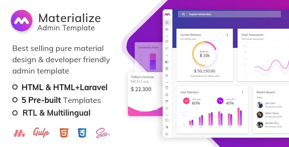 Materialize v13.4.0 – HTML 和 Laravel 材料设计管理模板