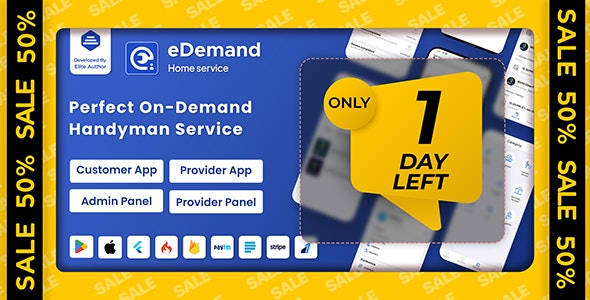 eDemand v4.0 – 多供应商按需便捷服务，带 Flutter 应用程序和管理面板的 Handyman