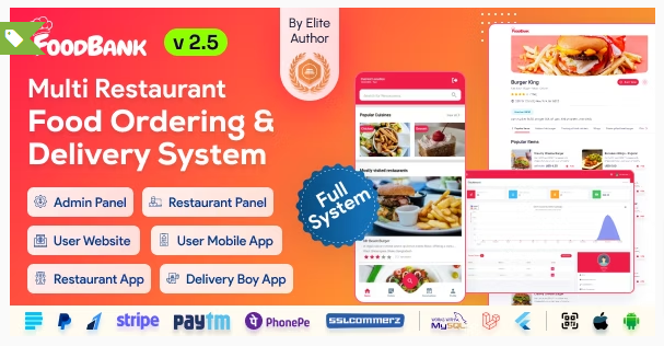 FoodBank Multi Restaurant v3.1 – 带有管理和餐厅面板的餐厅应用程序+APP